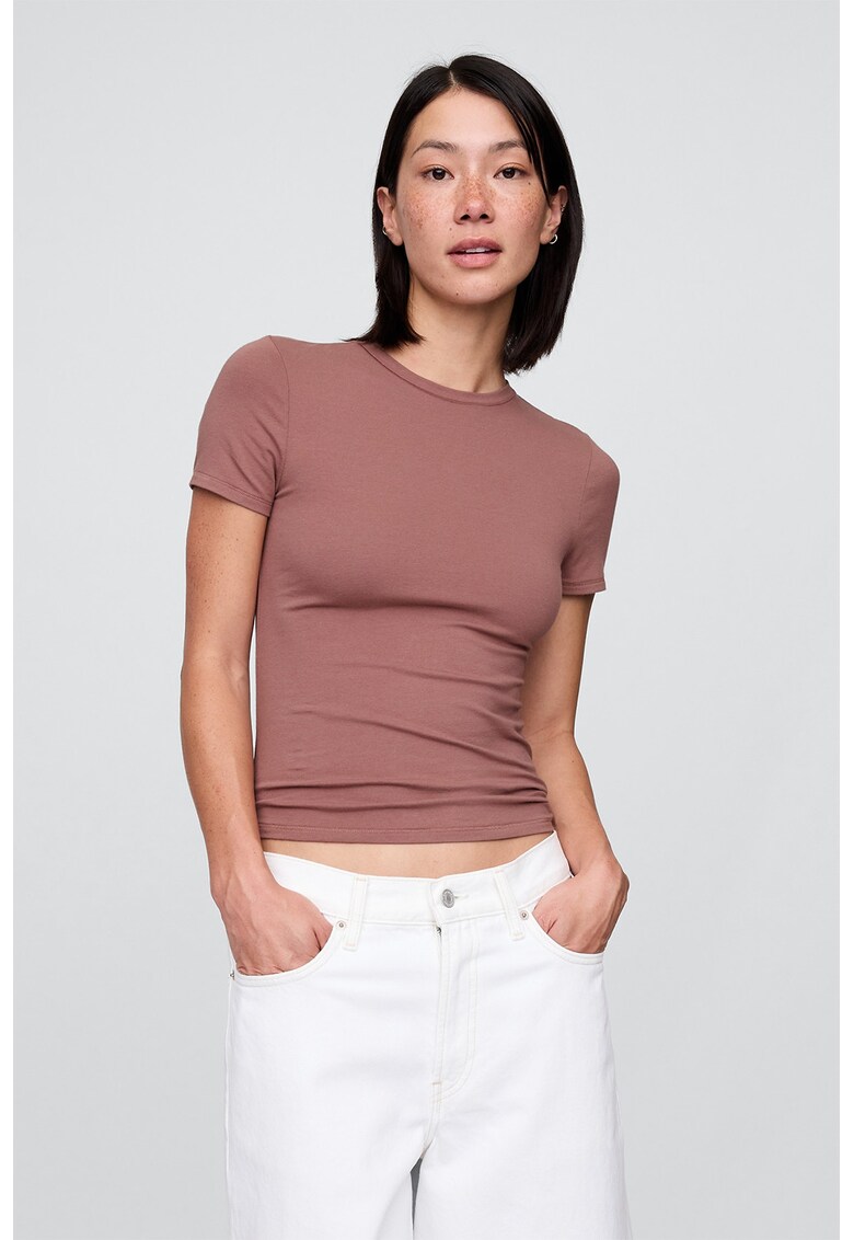 Tricou slim fit cu decolteu la baza gatului - Maro taupe