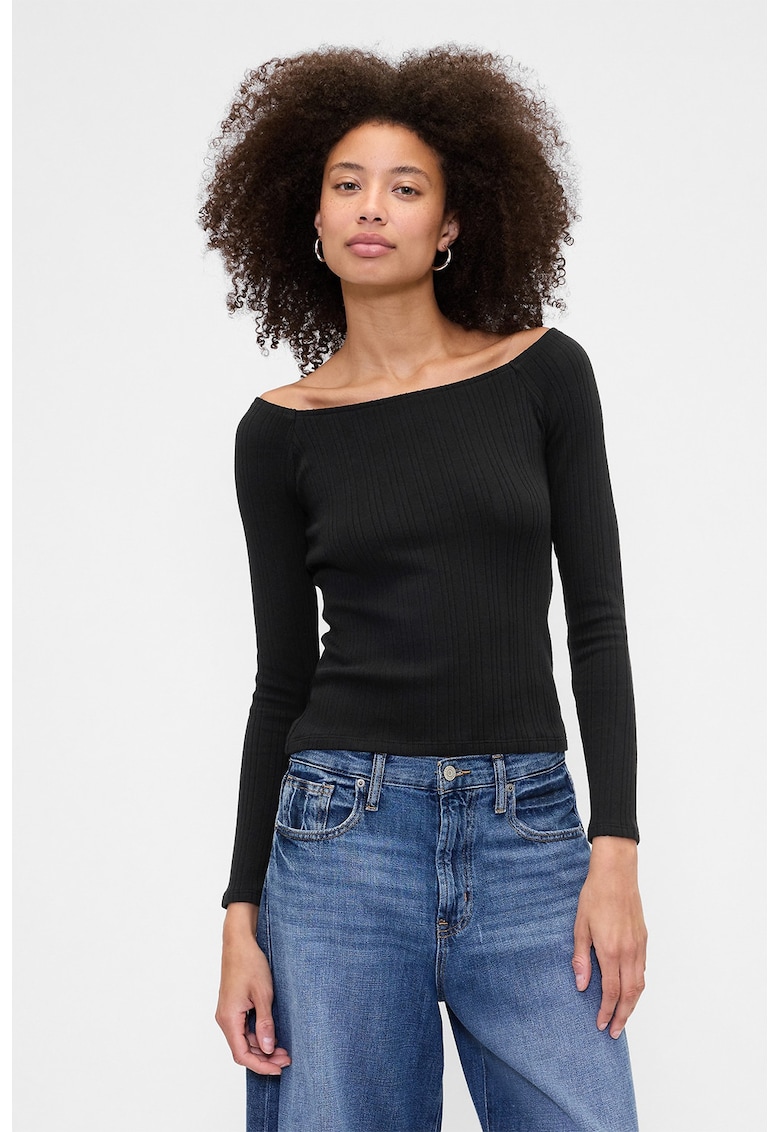 Bluza striata cu decolteu barcuta - Negru