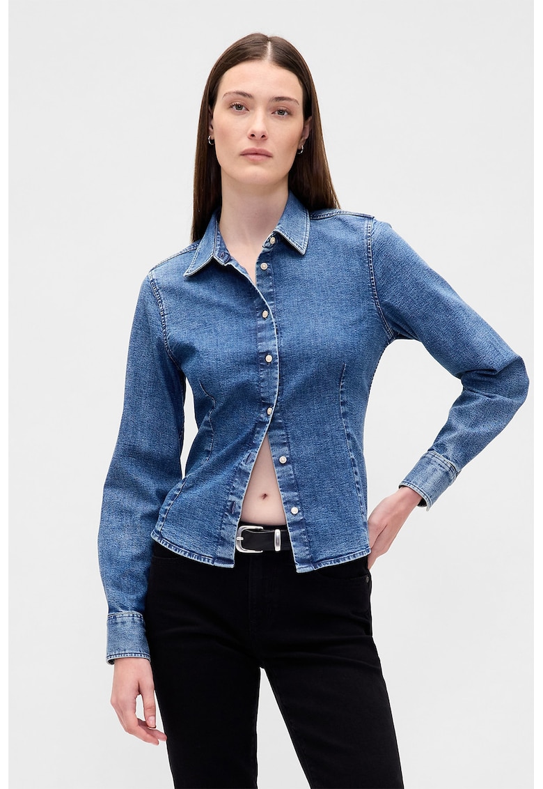Camasa slim fit din denim - Albastru petrol