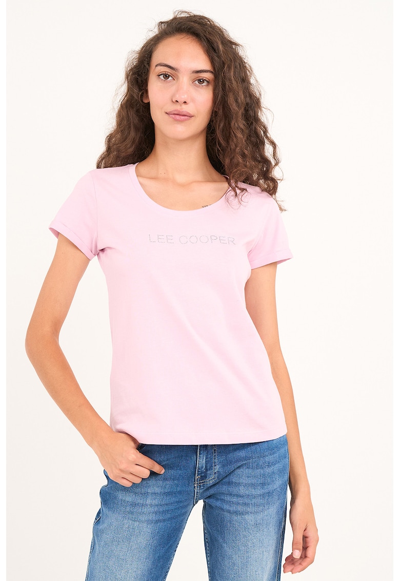 Tricou cu logo decorat cu strasuri si decolteu rotund