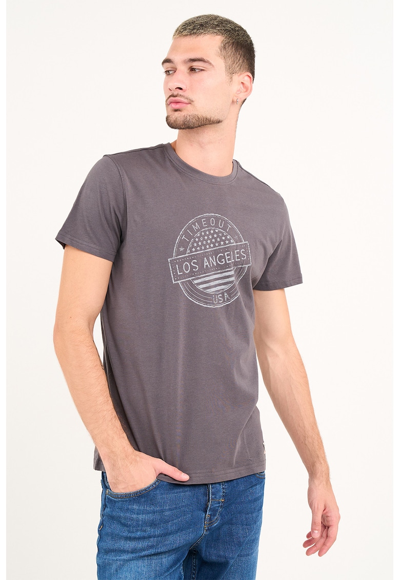 Tricou cu design grafic si decolteu la baza gatului - Lila pal