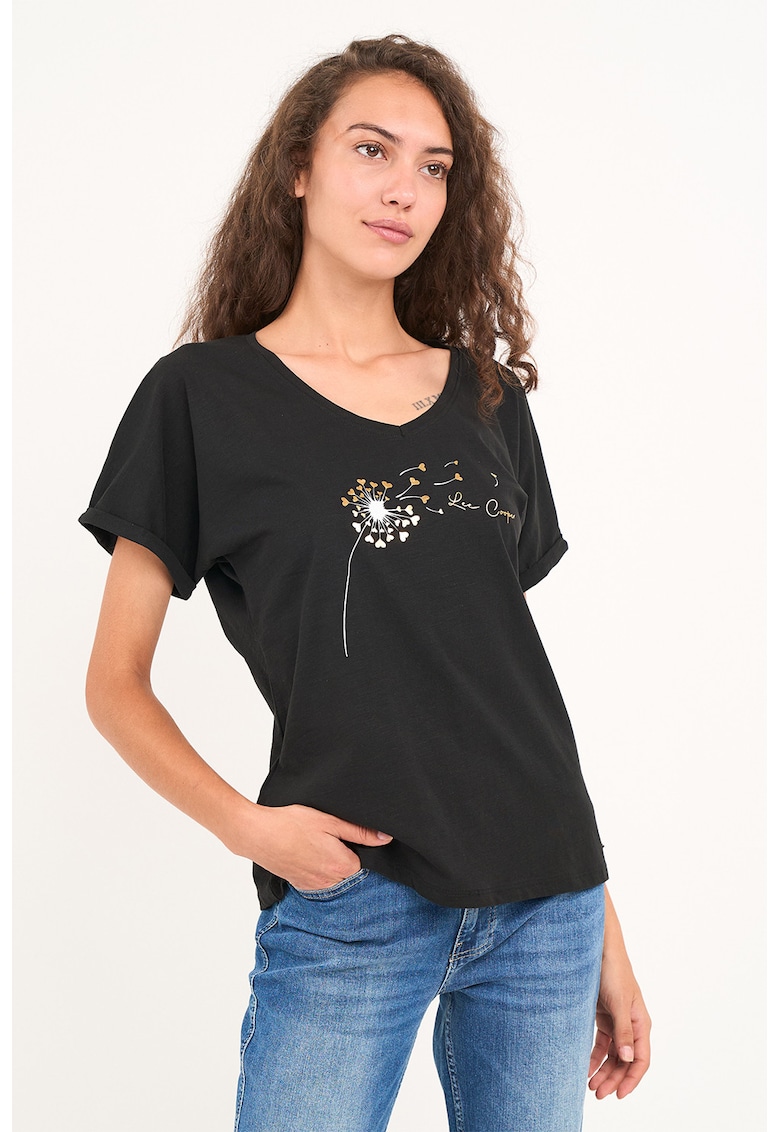 Tricou cu design cu terminatie rasucita si imprimeu - Negru