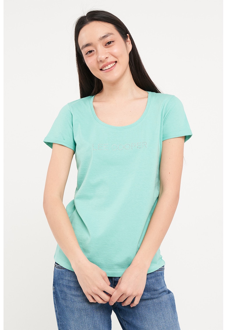 Tricou cu logo decorat cu strasuri si decolteu rotund