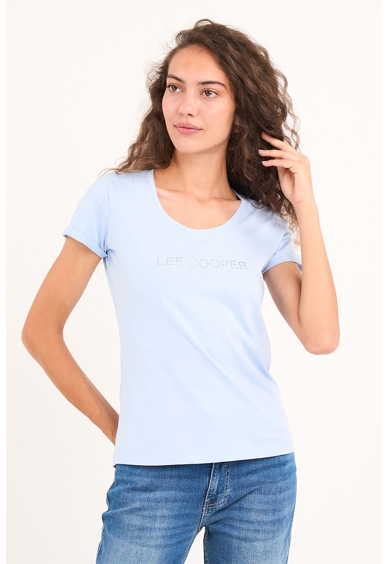 Tricou cu logo decorat cu strasuri si decolteu rotund