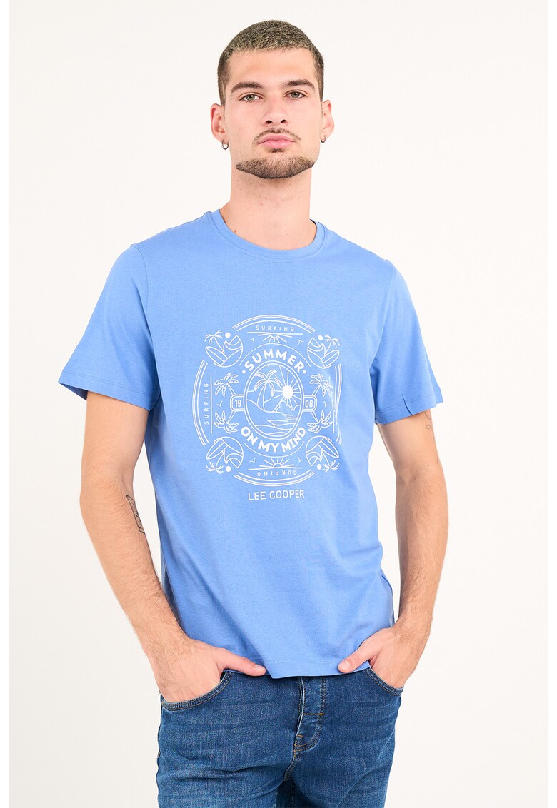 Tricou din bumbac cu decolteu la baza gatului - Albastru pastel/Alb optic