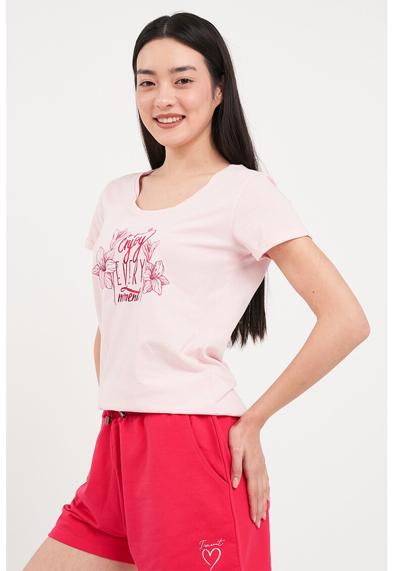 Tricou din bumbac cu decolteu rotund - Rosu/Roz pastel