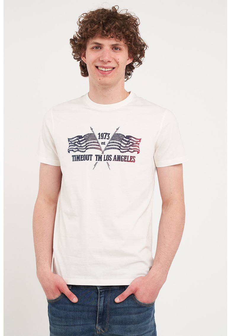 Tricou din bumbac cu decolteu la baza gatului - Negru stins/Alb optic