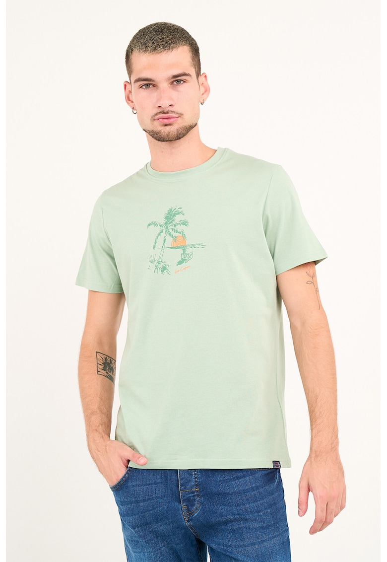 Tricou cu decolteu la baza gatului si imprimeu - Galben pal/Verde pal
