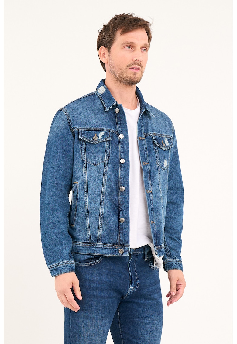 Jacheta din denim cu buzunare cu clapa - Albastru inchis