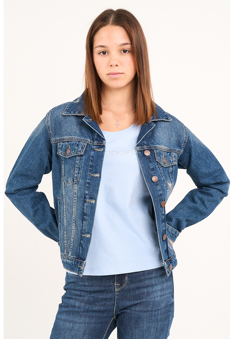 Jacheta din denim cu buzunare cu clapa - Albastru inchis