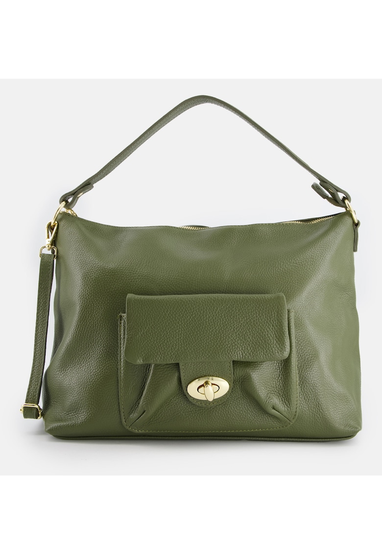 Geanta de umar din piele naturala verde - cu detalii aurii - 28x45x13cm - curea detasabila max 117cm