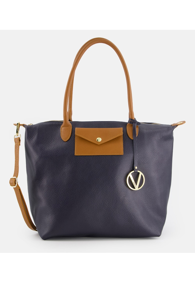 Geanta shopper din piele naturala albastra - cu detalii aurii - dimensiuni 34x41x19cm - curea detasabila.
