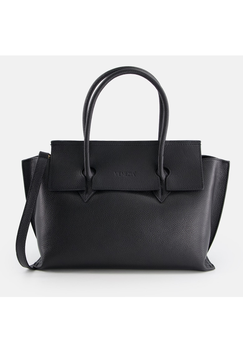 Geanta shopper din piele naturala - neagra - 4 compartimente - dimensiuni 23x36x10cm - curea detasabila 111cm