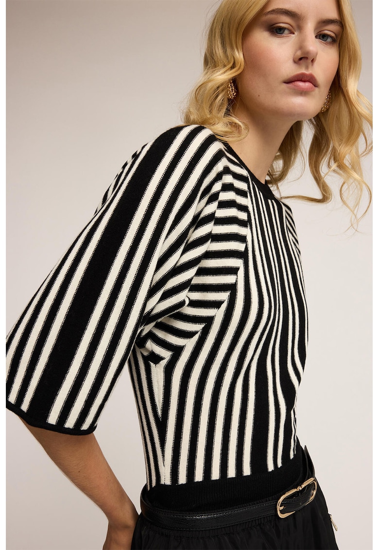 Pulover din amestec de lana cu maneci raglan si dungi