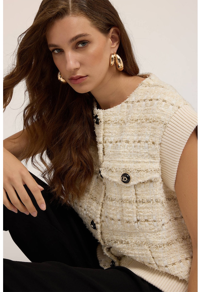 Pulover din amestec de lana cu maneci scurte si aspect texturat