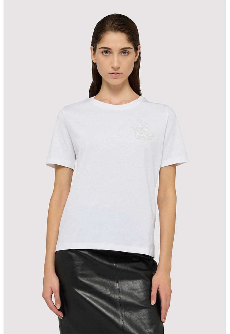 Trussardi Tricou cu decolteu la baza gatului si logo pe piept - Alb