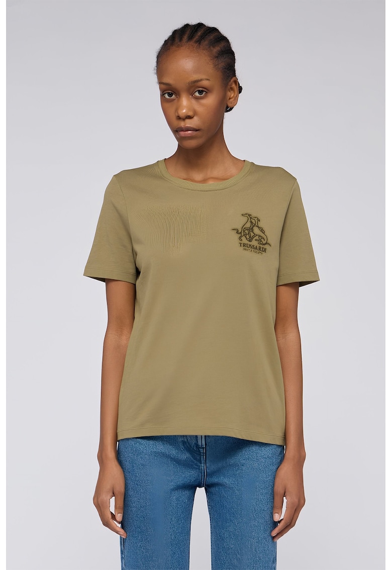 Tricou cu decolteu la baza gatului si logo pe piept - Kaki