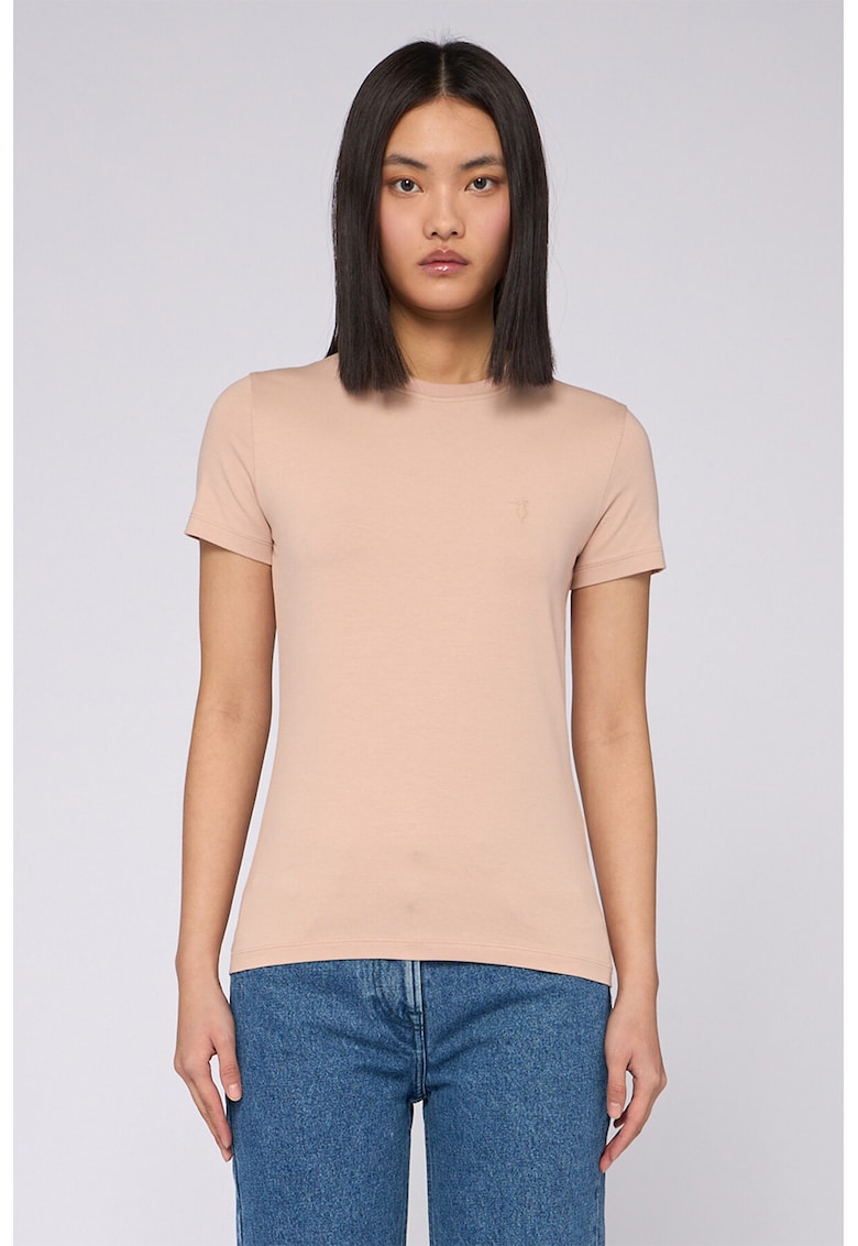 Tricou slim fit cu decolteu la baza gatului - Piersica