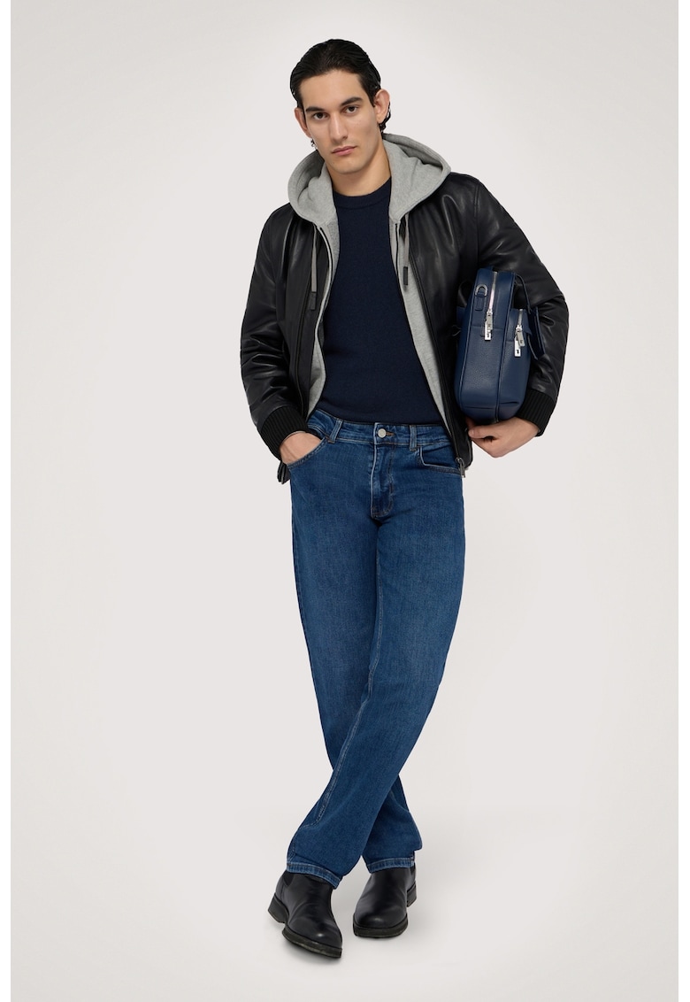 Pulover din casmir cu decolteu la baza gatului - Bleumarin