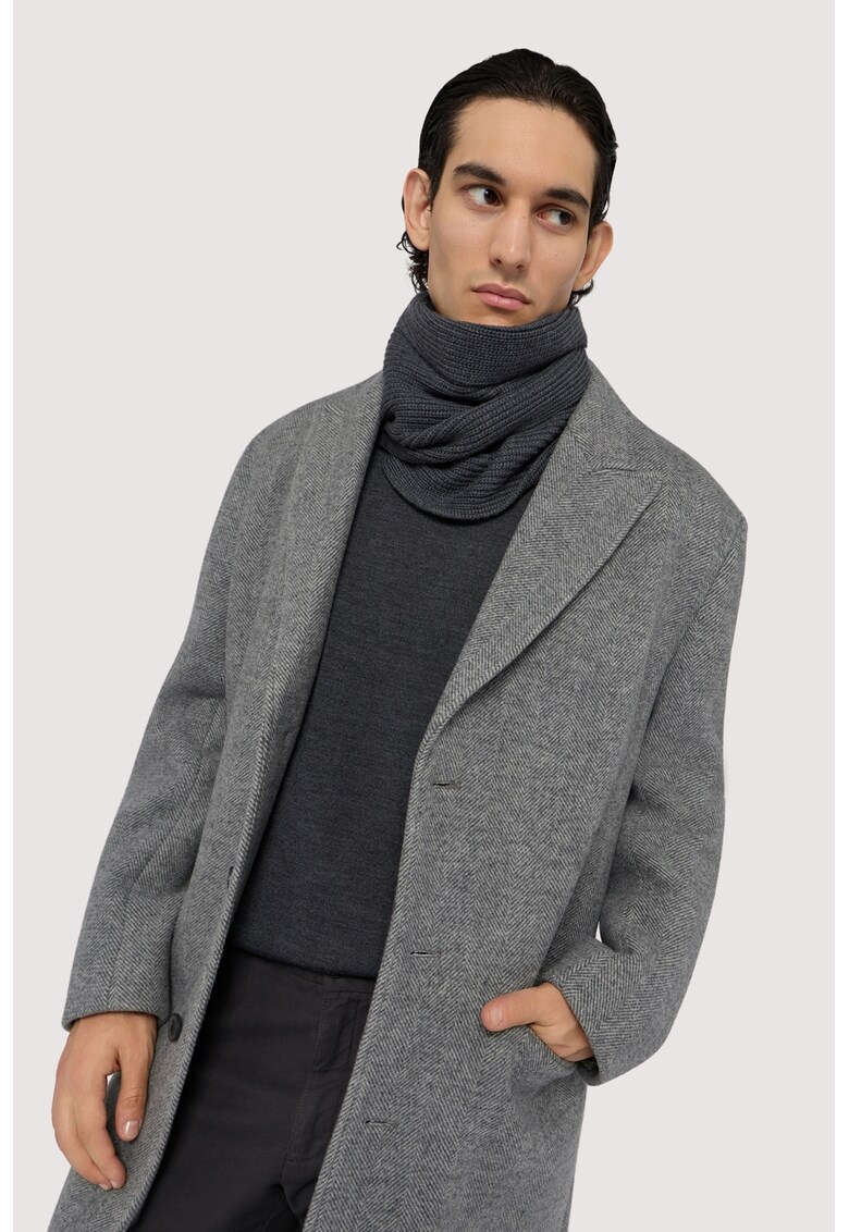 Pulover din lana virgina cu decolteu la baza gatuluii - Gri inchis