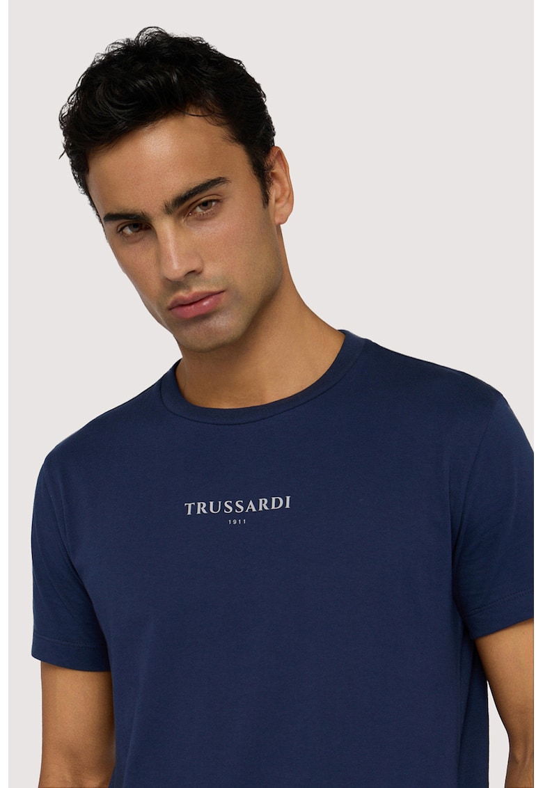 Tricou regular fit cu imprimeu logo - Alb optic/Bleumarin
