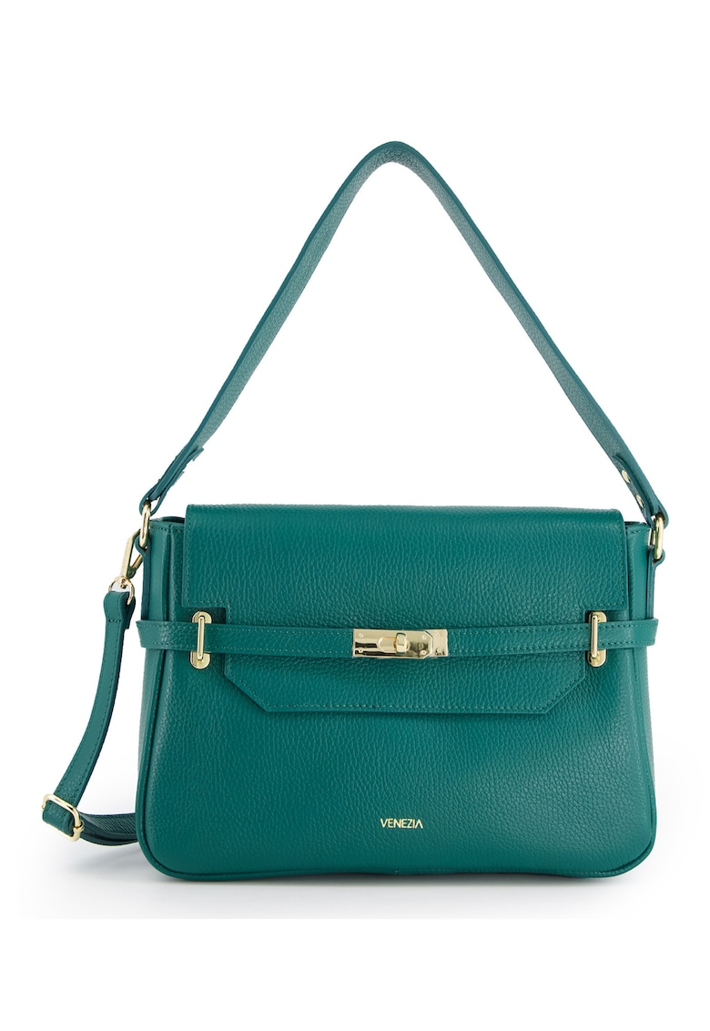 Geanta messenger din piele naturala verde - 31x22x12cm - cu 3 buzunare interioare - curea detasabila 117cm