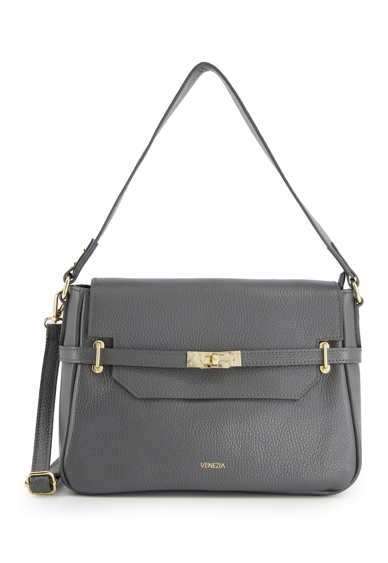 Geanta messenger din piele naturala gri - 31x22x12cm - cu 3 buzunare interioare - curea detasabila max 117cm