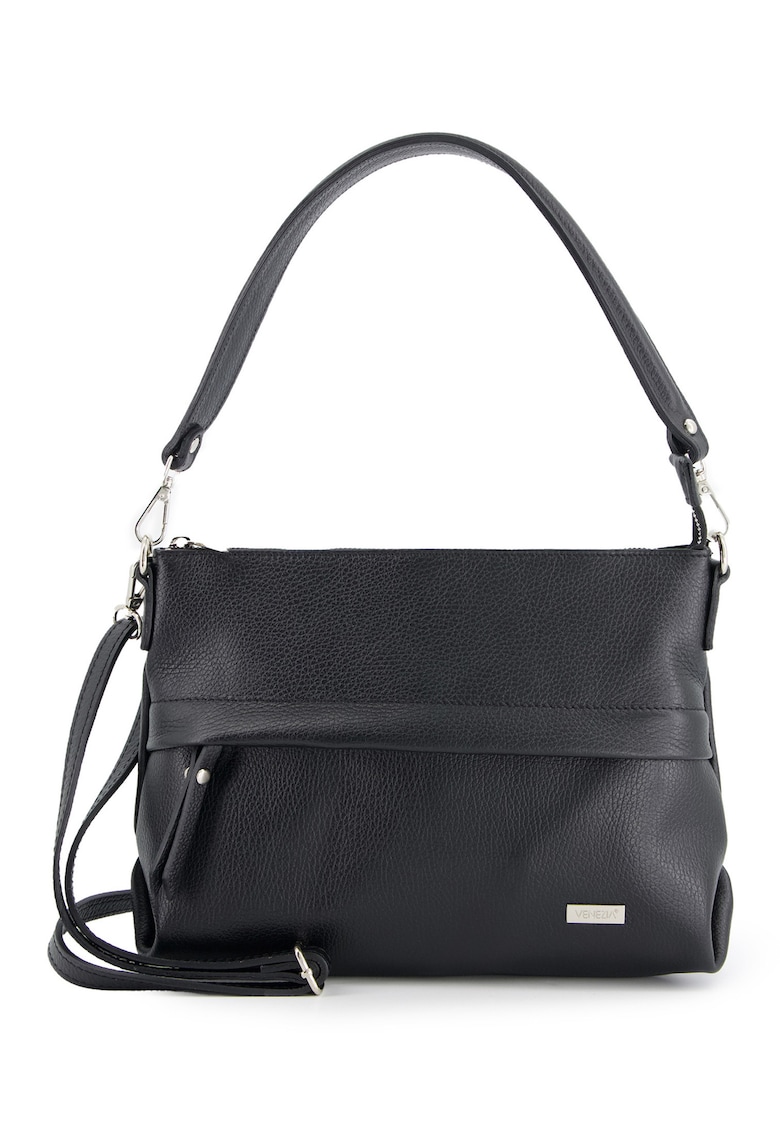 Geanta de umar din piele naturala neagra - 30x22x8cm - cu 3 buzunare interioare si 2 exterioare - curea detasabila de max. 131cm