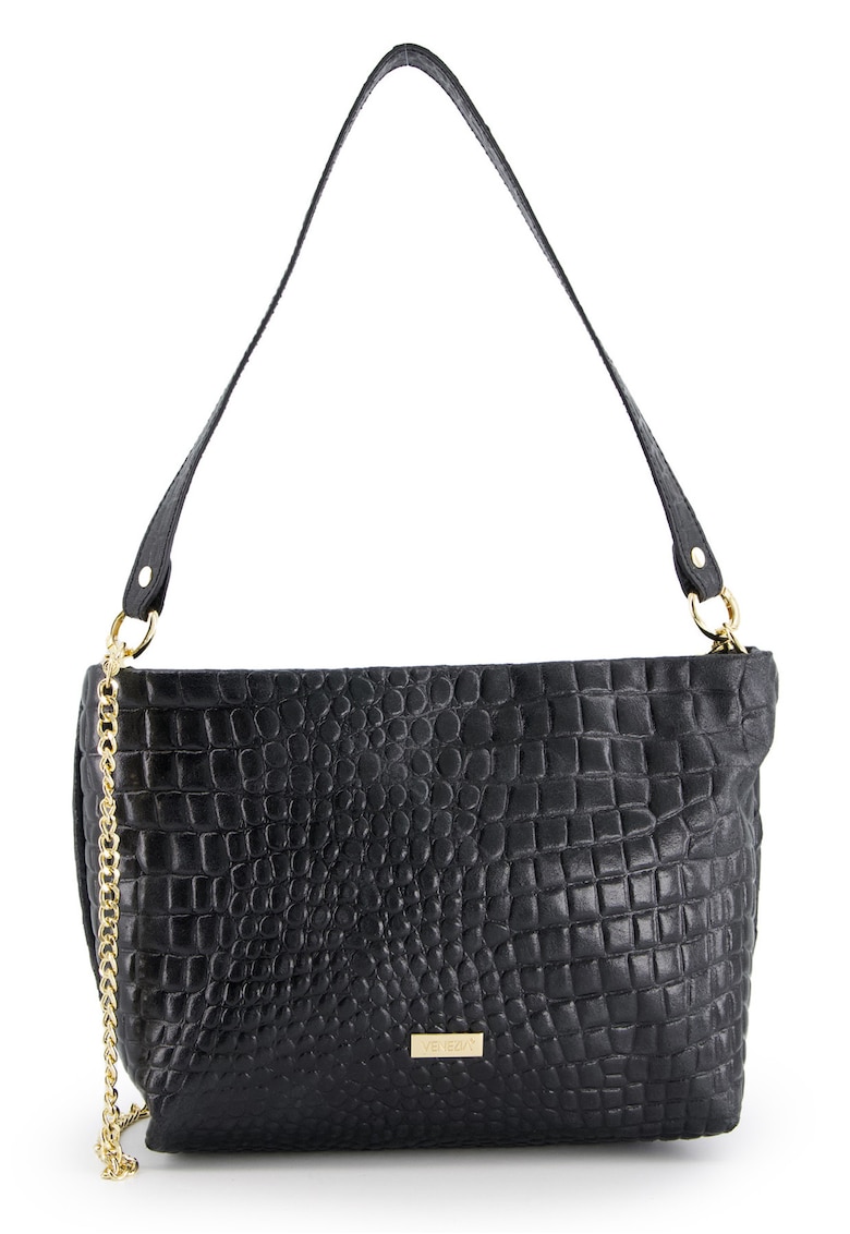 Geanta messenger din piele intoarsa - neagra - 20x30x11cm - cu lant auriu - curea detasabila 111cm