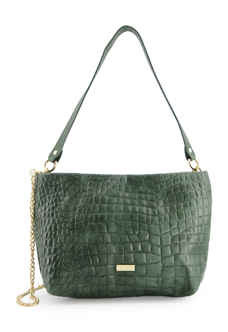 Geanta messenger dama piele intoarsa - verde - 20x30x11cm - cu lant auriu - curea detasabila 111cm