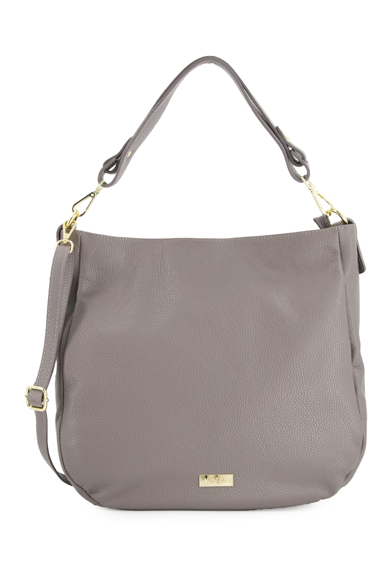 Geanta shopper pentru femei - piele naturala - gri - 33x34x11cm - cu 3 buzunare interioare - curea detasabila 112cm