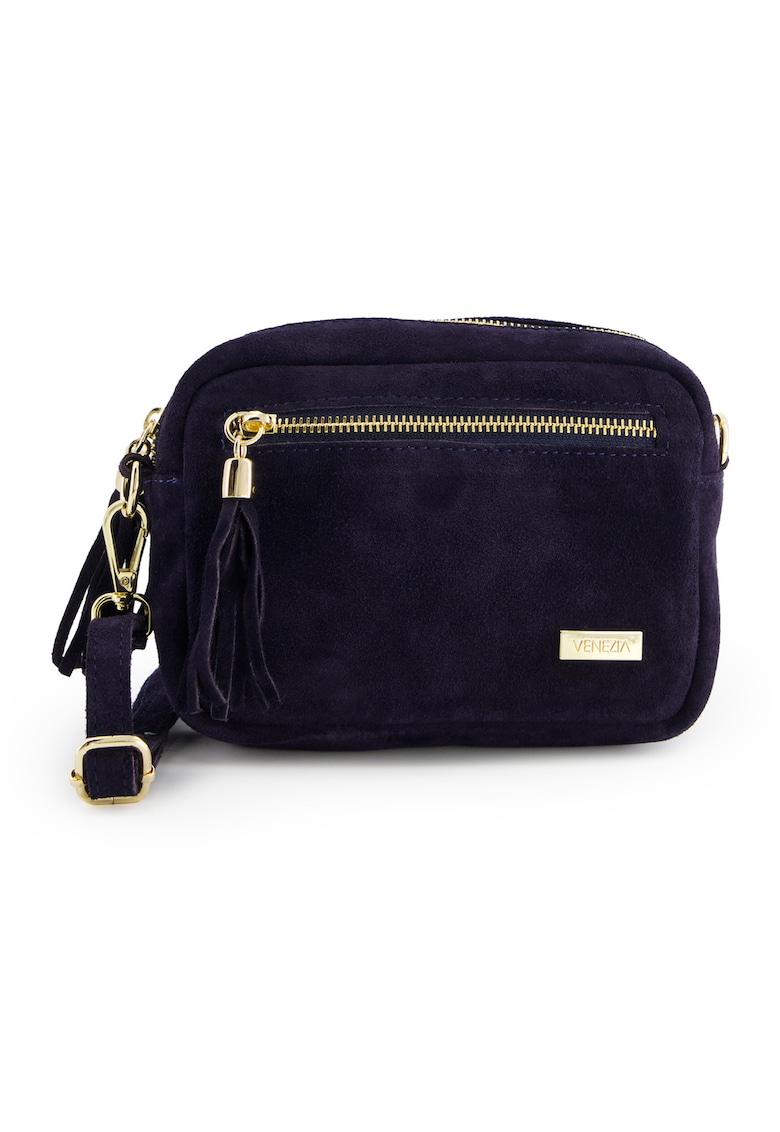 Geanta messenger din piele intoarsa albastra - cu franjuri - 14x20x7cm - curea detasabila max 129cm