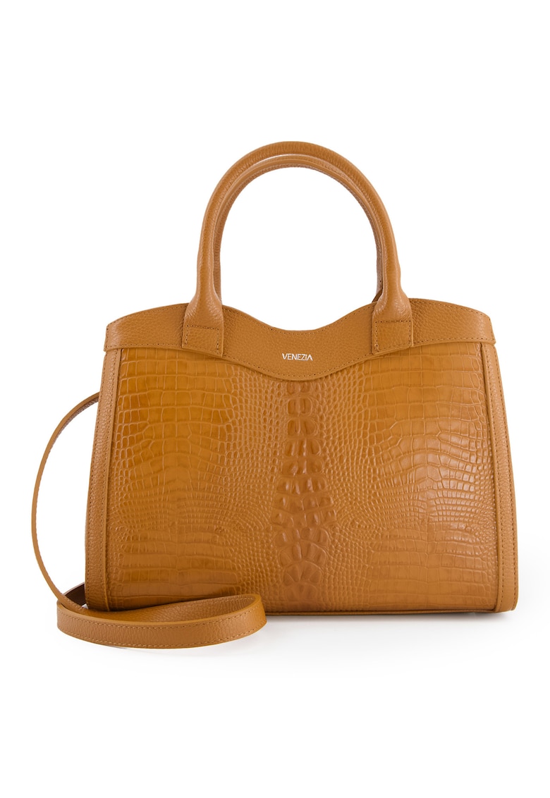 Geanta de dama Bucket - piele naturala - 33x25x8cm - cu 3 compartimente interioare - curea detasabila 114cm - Maro