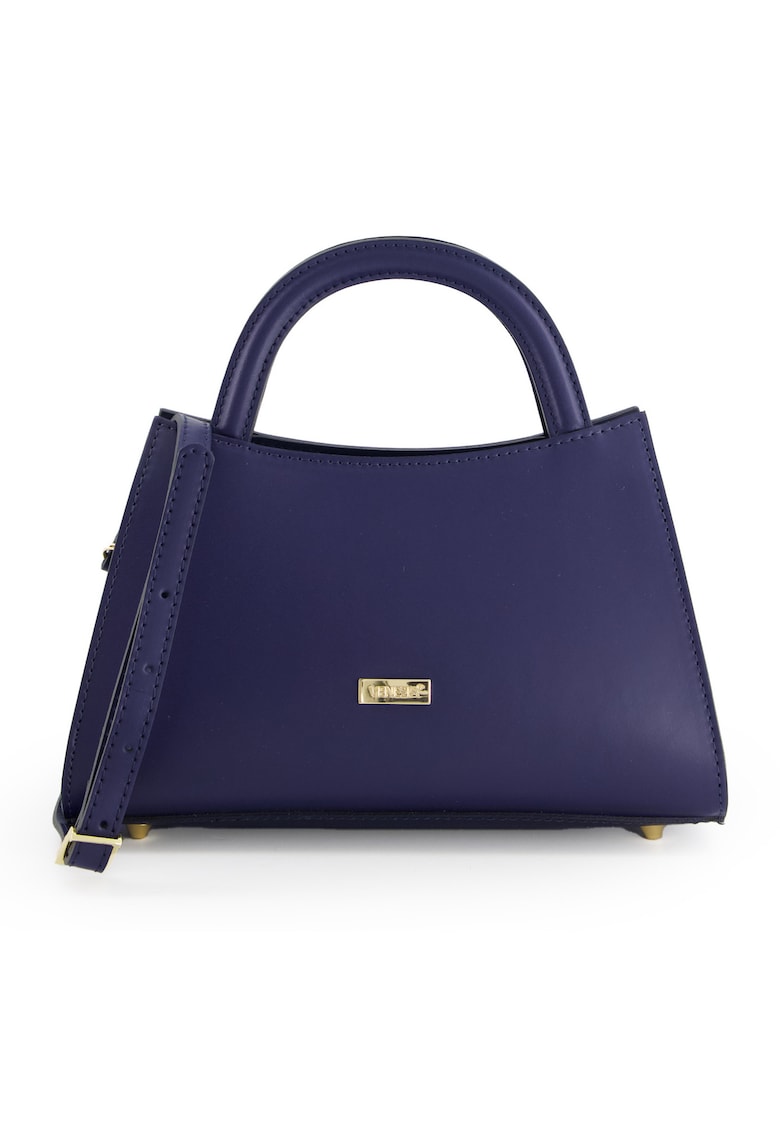 Geanta de dama Bucket din piele naturala albastra - 17x27x10cm - cu curea detasabila de 134cm - elemente metalice aurii