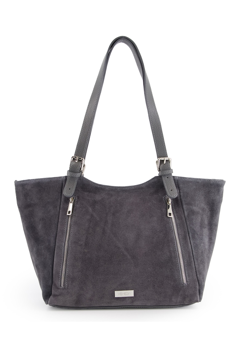 Geanta shopper dama gri din piele intoarsa - 2 buzunare interioare - 3 buzunare exterioare - 27x45x11cm - manere reglabile 75cm