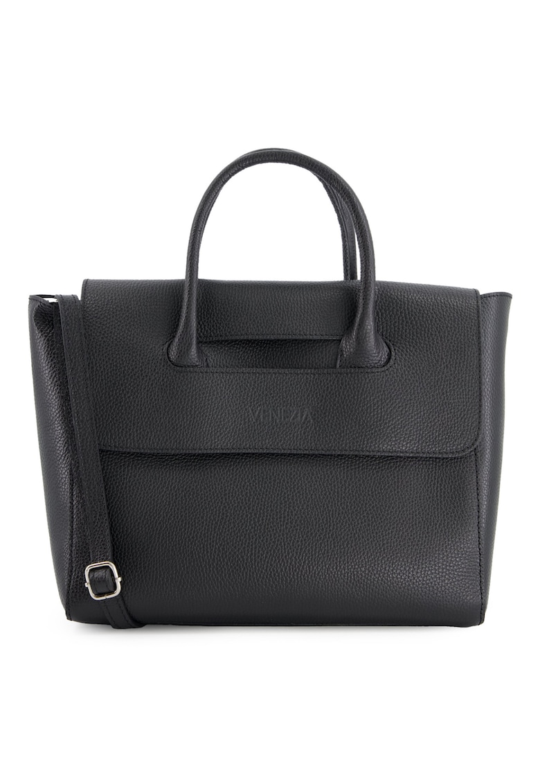 Geanta dama shopper - piele naturala - neagra - 32x26x11cm - curea detasabila 110cm