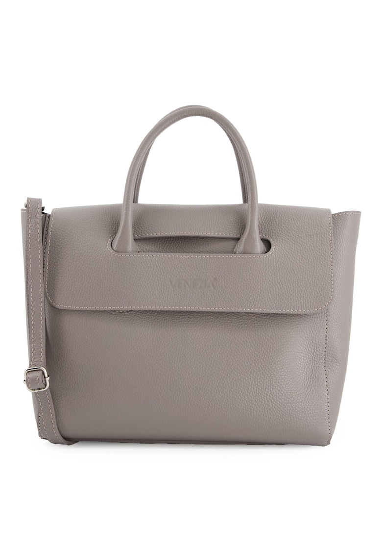 Geanta shopper din piele naturala - gri - 32x26x11cm - cu curea detasabila - 2 buzunare interioare