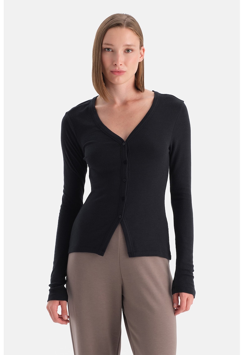 Bluza slim fit cu decolteu in V - Negru