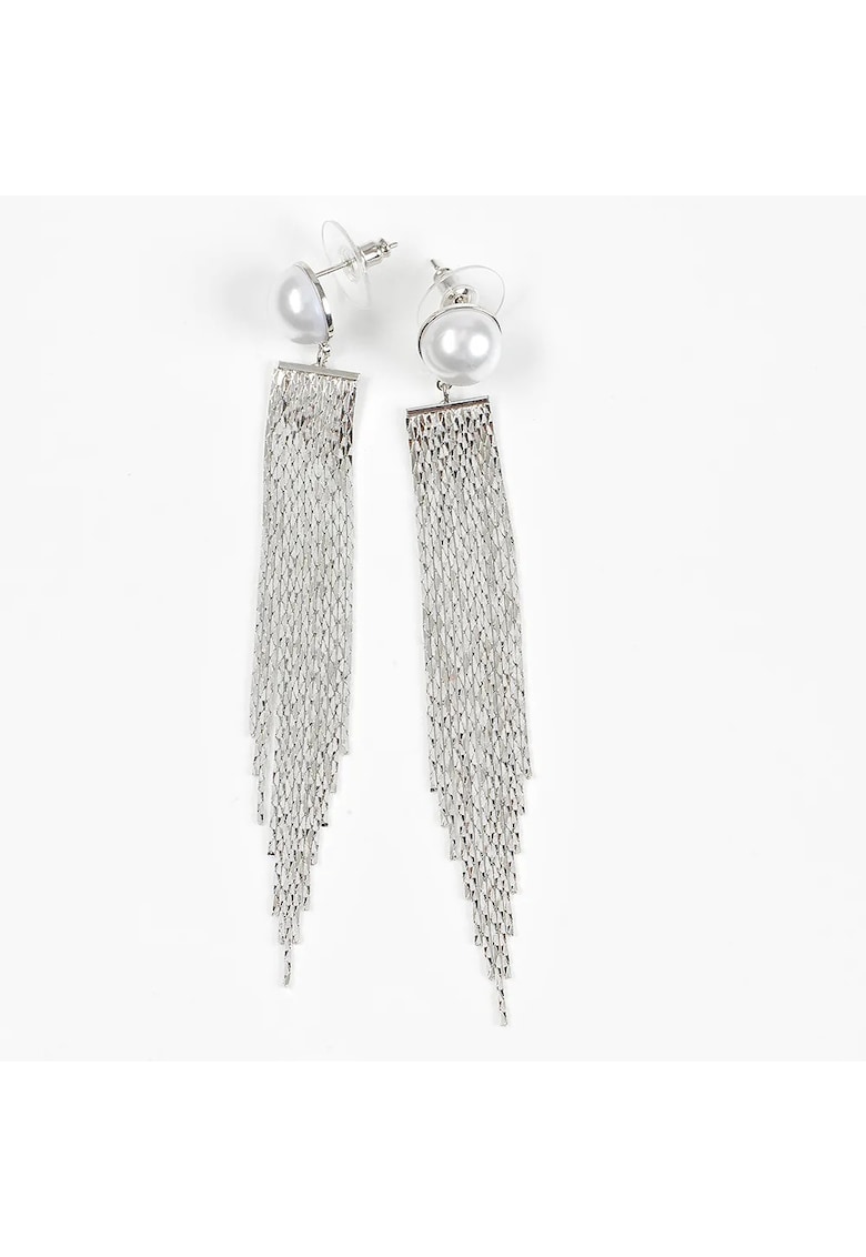 Cercei lungi argintii cu perla si franjuri - Paris