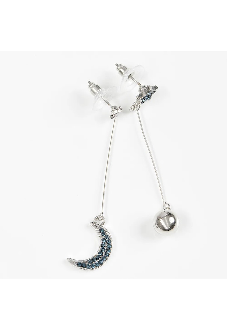 Cercei lungi argintii cu luna si bila metalica - Paris