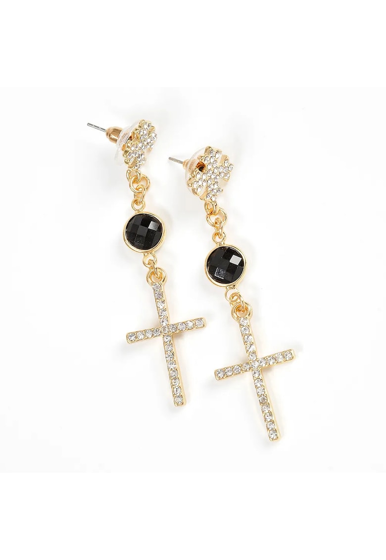 Cercei aurii lungi cu cruce si piatra neagra - Paris