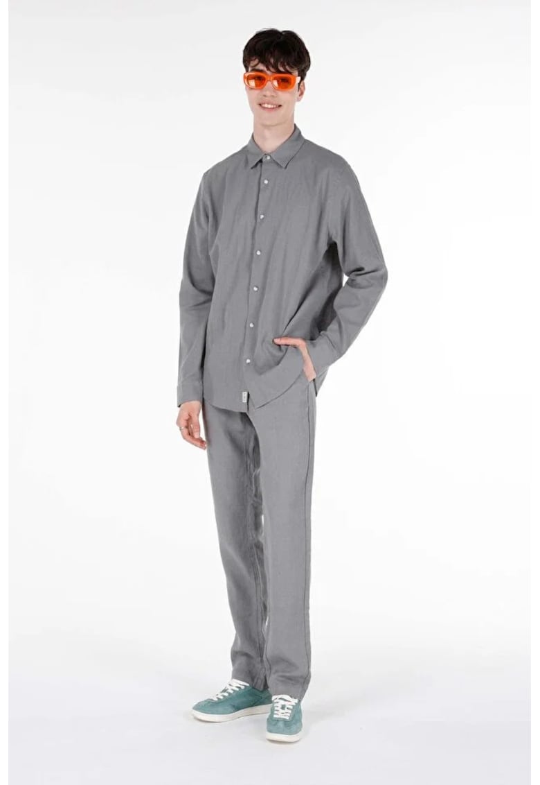 Pantaloni din in cu snur de ajustare in talie - Maro