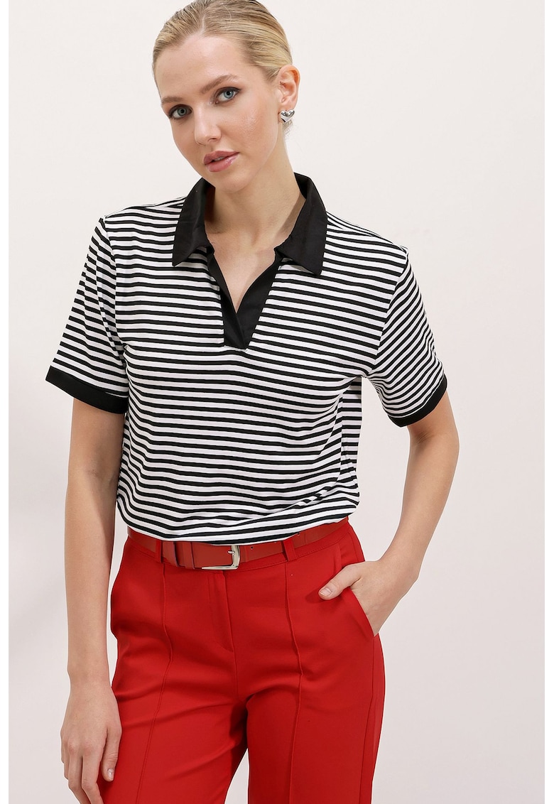 Tricou dama - tricou polo cu dungi - jerseu - Negru -