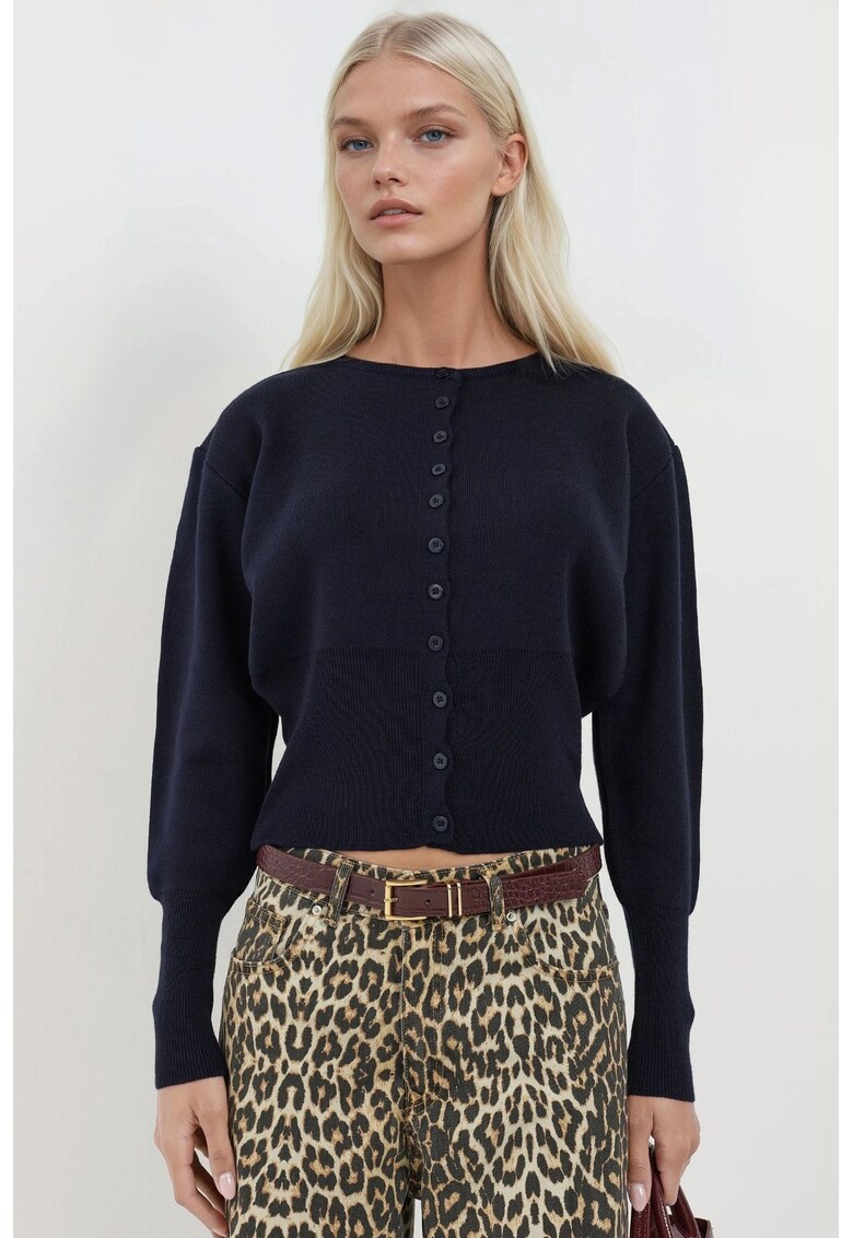 Cardigan tricotat - guler rotund - croiala slim fit - bleumarin - tricot - Albastru marin