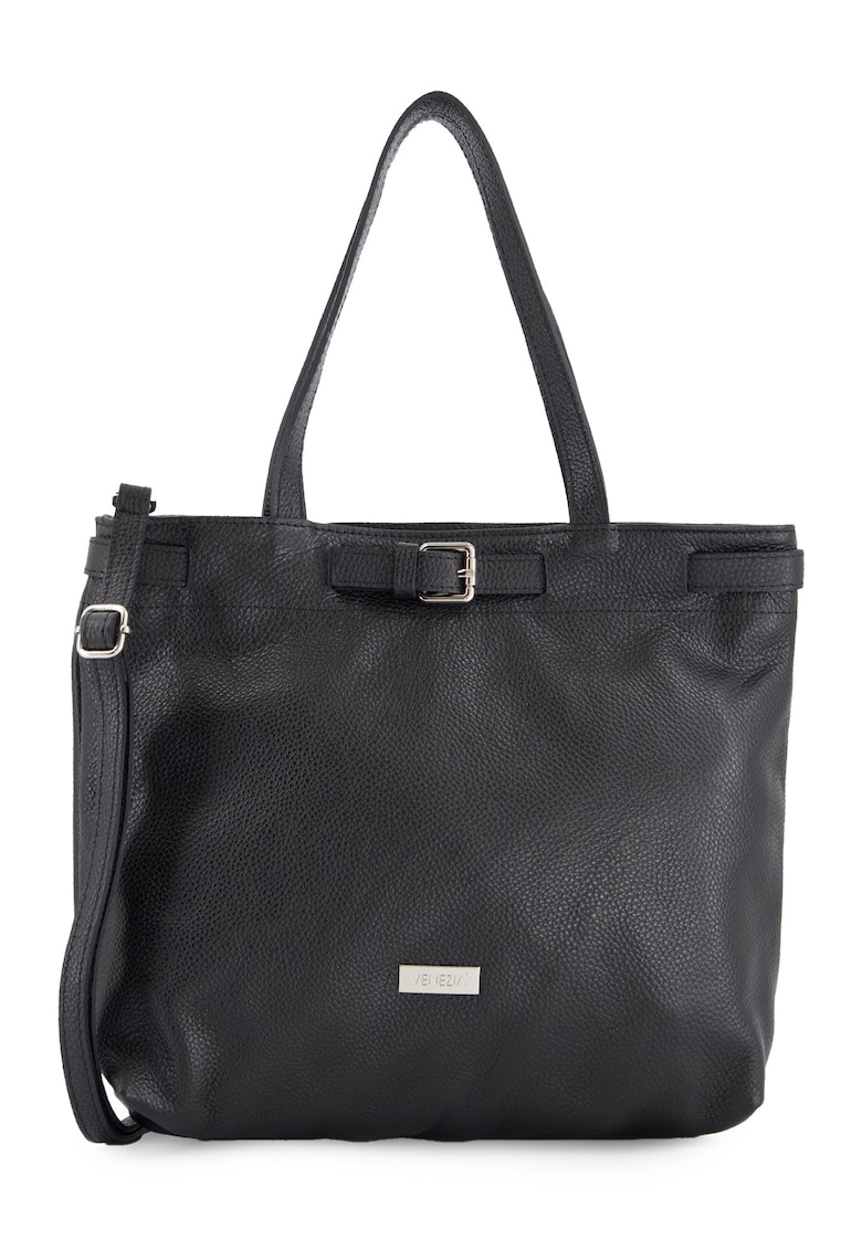 Geanta dama shopper piele naturala neagra 32x36x12cm cu 3 buzunare interioare - curea detasabila 126cm