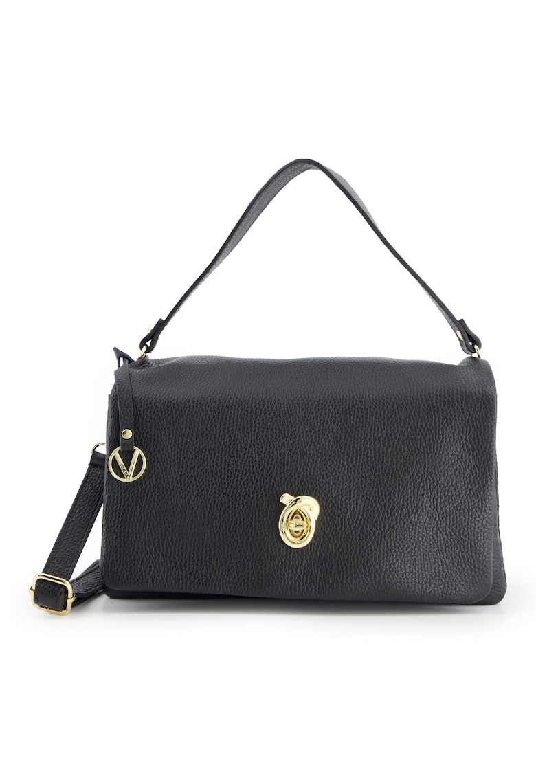 Geanta messenger din piele naturala - neagra - 30x18x18cm - cu manere de 43cm - curea detasabila max 128cm - elemente metalice aurii