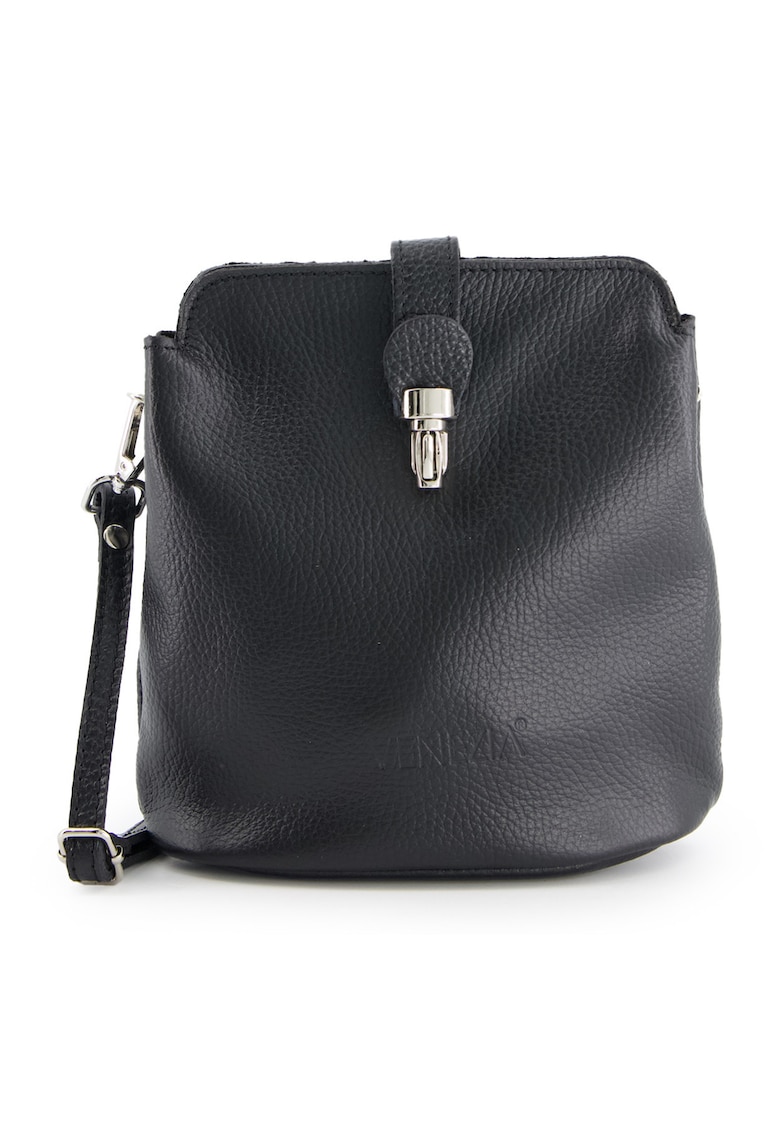 Geanta messenger din piele naturala neagra - 20x19x10cm - cu curea detasabila - elemente metalice argintii