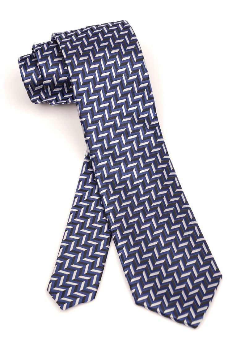 Cravata navy din matase cu model geometric alb-gri
