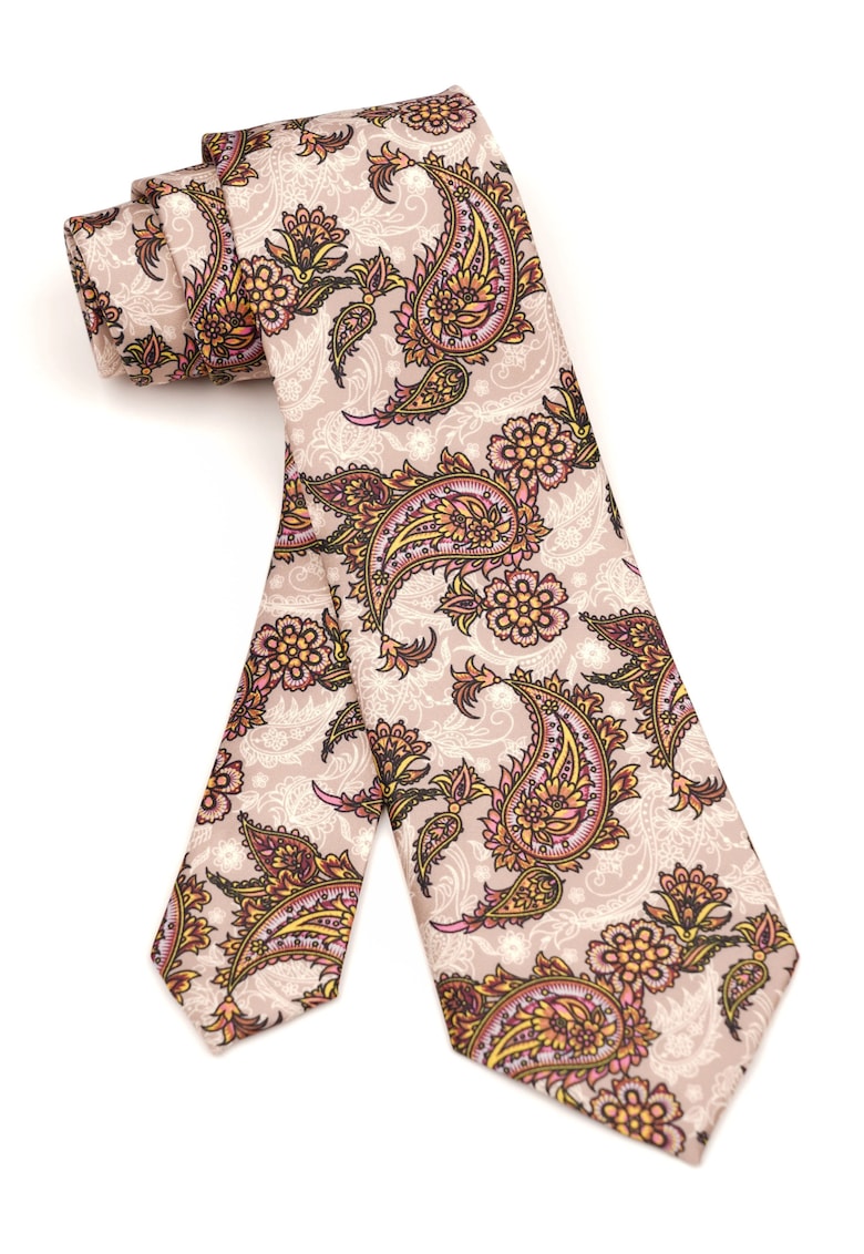 Cravata clasica crem cu imprimeu paisley floral multicolor