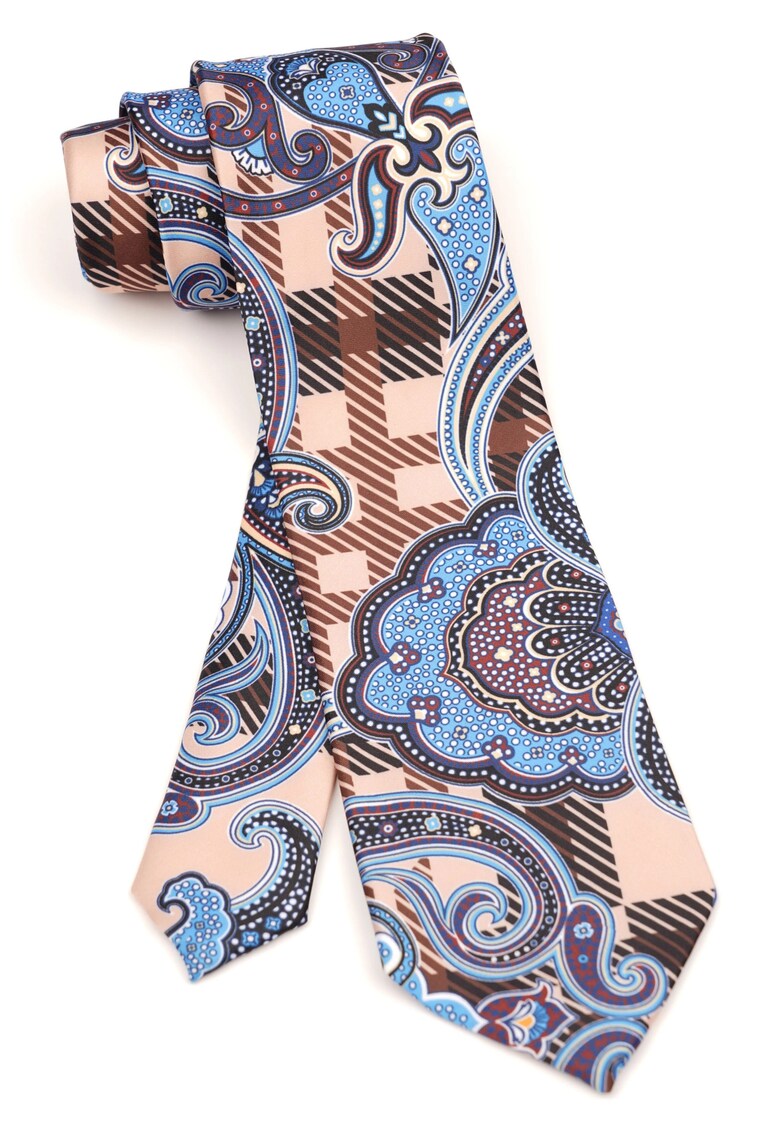 Cravata clasica bej cu imprimeu paisley si carouri albastre